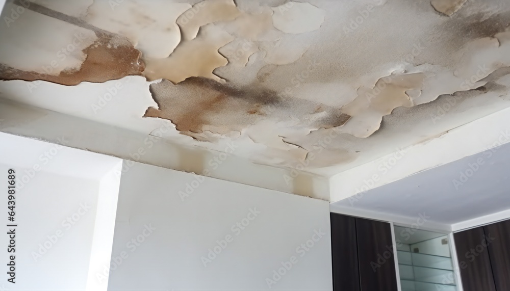 Ceiling Stain and Water-Damaged Roof due to Roof Leakage - obrazy, fototapety, plakaty 
