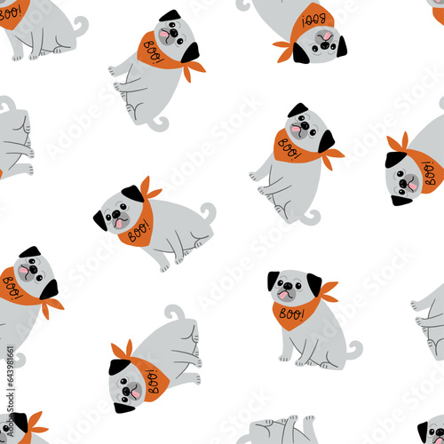 Cute cartoon Halloween dog, pumpkin, ghost - vector seamless pattern 