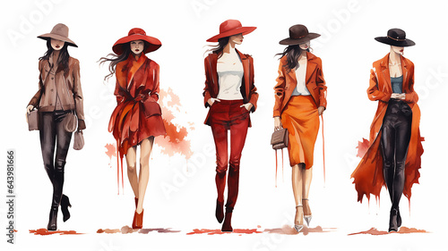 autumn fashion clothes, a group of models of girls, in october look, watercolor on a white background drawing, models in a row