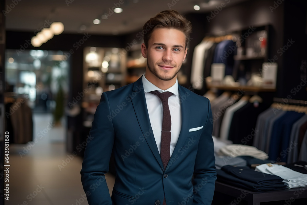 Handsome young european man salesperson in suit and luxury men clothing store background Handsome young european man salesperson in suit and luxury men clothing store background