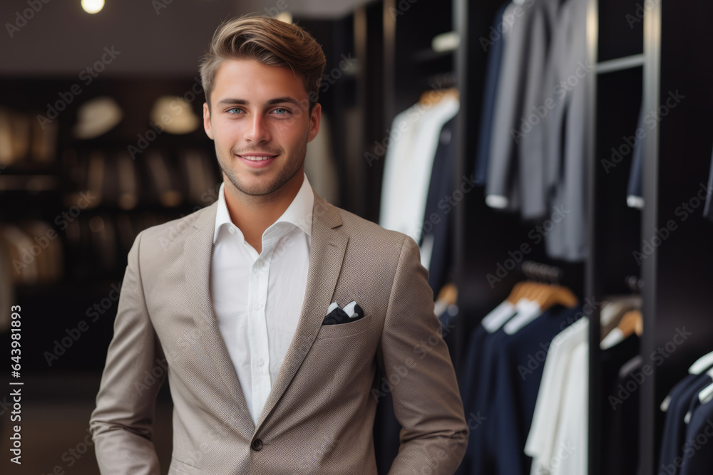 Handsome young european man salesperson in suit and luxury men clothing store background Handsome young european man salesperson in suit and luxury men clothing store background