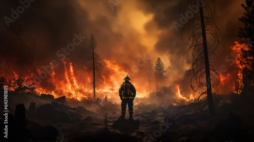 firefighter on the background of a forest fire view from the back © kichigin19