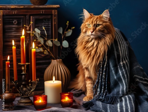 Fluffy ginger cat on cozy knitted blanket in winter decorated home interior  warm light