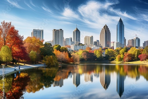 Autumn skyline of Atlanta, Georgia in Piedmont Park, USA. Generative AI © Adalyn