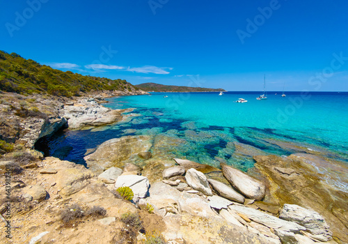 Corse (France) - Corsica is a big touristic french island in Mediterranean Sea, with beautiful beachs and mountains. Here a view of the Sentier du littoral from Saint-Florent at Plage de Lotu
