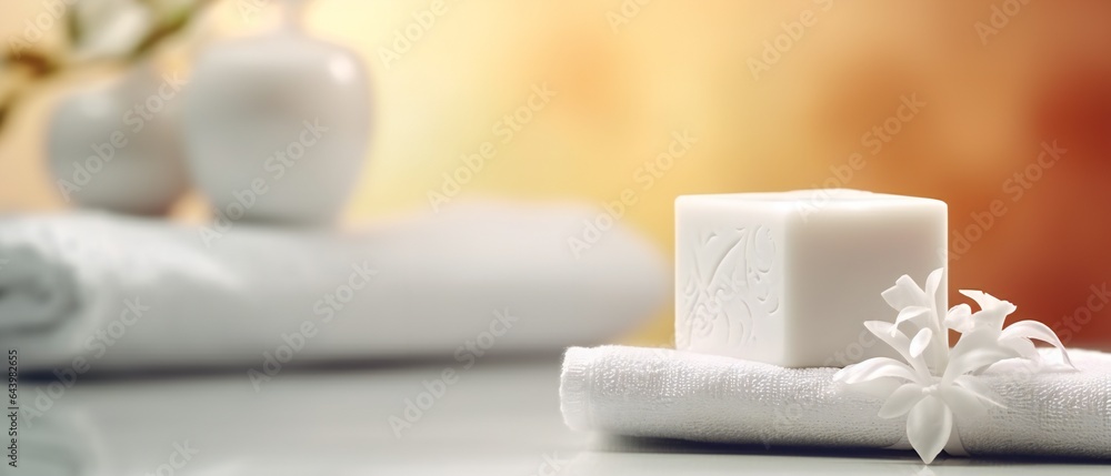 Soap and Towel in Bathroom with Blurred Spa Background