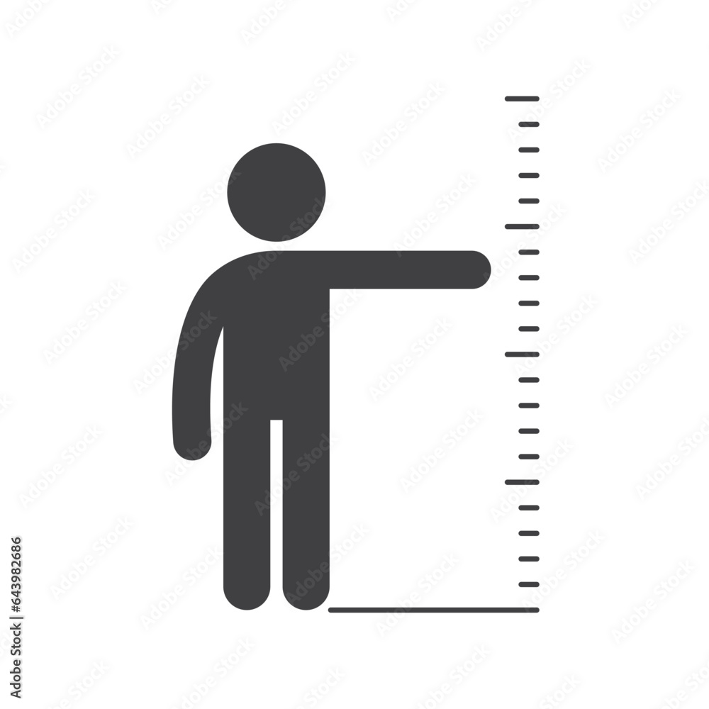Vector black icon silhouette of a figure standing by a ruler. Height measurement. Isolated on white background Vector black icon silhouette of a figure standing by a ruler. Height measurement. Isolated on white background