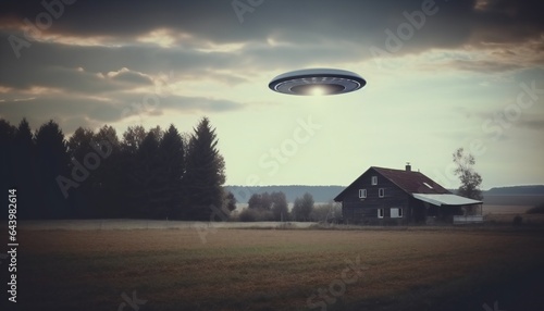 Small UFO flying in the sky over an old house and barn