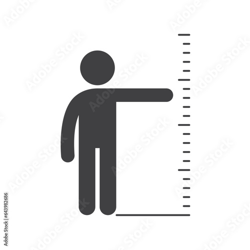 Vector black icon silhouette of a figure standing by a ruler. Height measurement. Isolated on white background