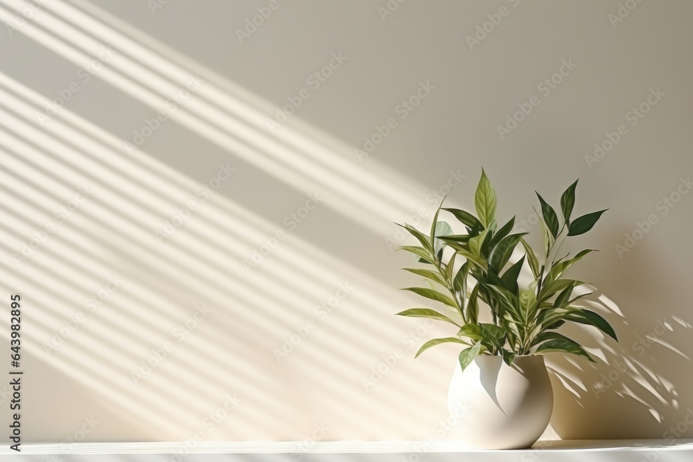 home plant in the pot on the wall background with sunlights from the window