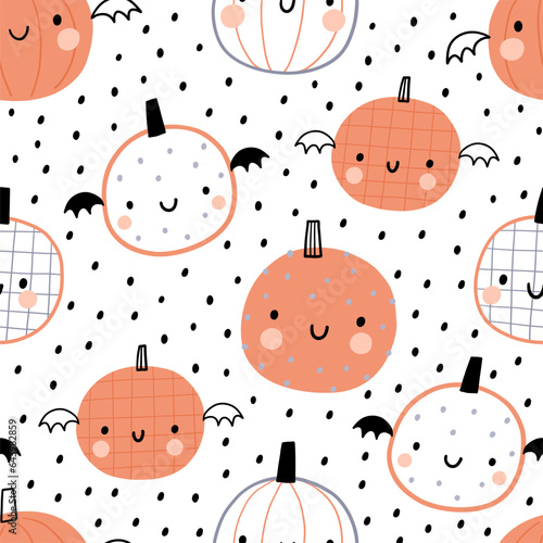 Cute cartoon Halloween little pumpkins - vector seamless pattern