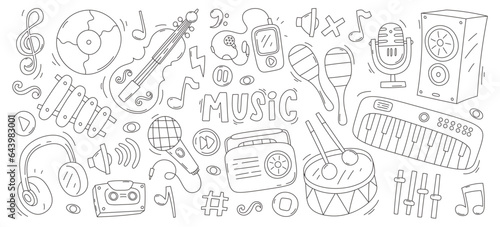 Music linear graphic design element outline concert logo set with instrument, note and microphone