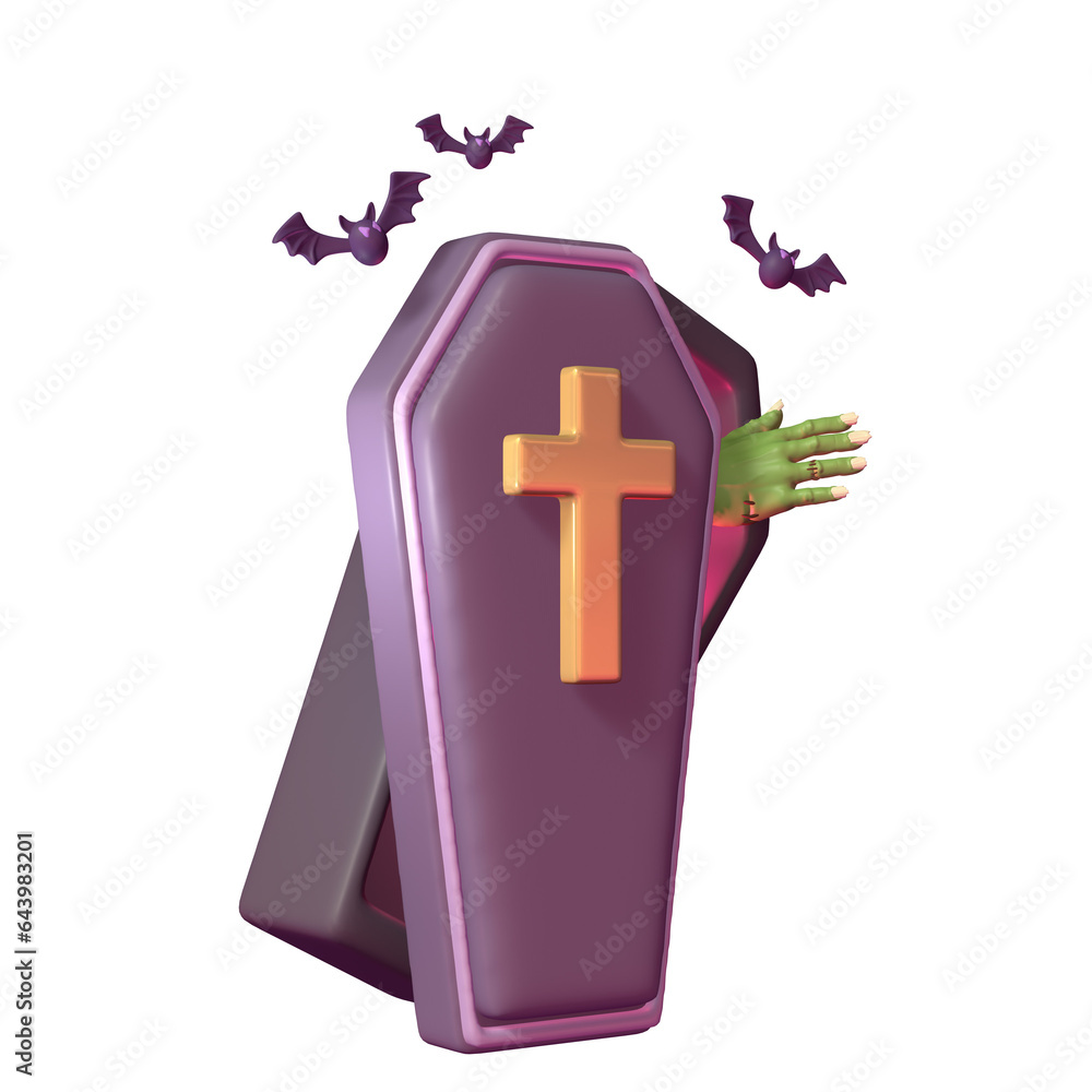 Fototapeta premium Zombie Hand Rising from Opened 3D Halloween Casket