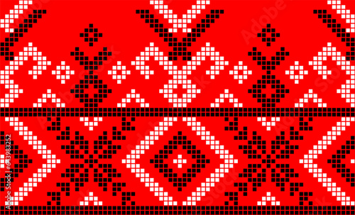 Vector illustration of Ukrainian ornament in ethnic style, identity, vyshyvanka, embroidery for print clothes, websites, banners. Background. Geometric design, border, copy space, frame