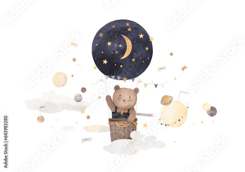 Funny bear flies on balloon among clouds, stars and planets. Watercolor hand drawn illustration. Can be used for kid poster or card. With white isolated background.