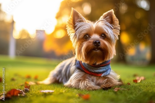 Photography in the style of pensive portraiture of a curious yorkshire terrier licking face wearing a bandage against a vibrant city park. With generative AI technology © Markus Schröder