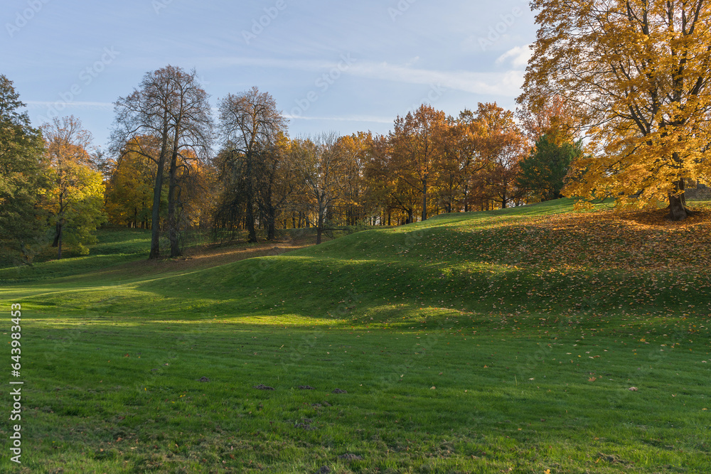 view of green hills with autumn trees view of green hills with autumn trees