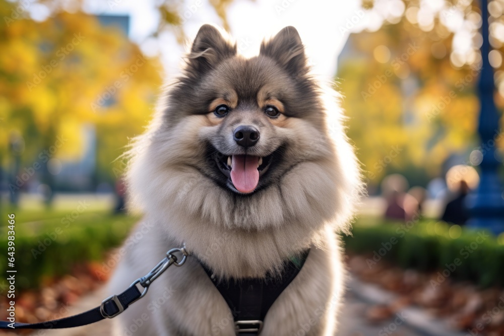 Close-up portrait photography of a happy keeshond squatting wearing a harness against a vibrant city park. With generative AI technology