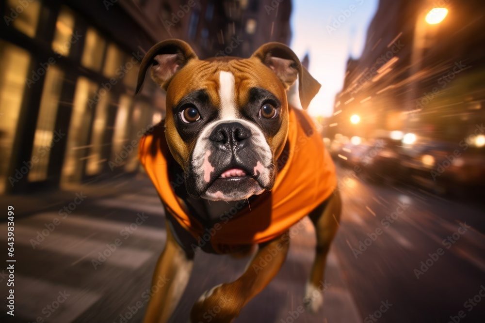 Medium shot portrait photography of a curious boxer dog chasing birds wearing a halloween costume against a glittering city nightlife. With generative AI technology
