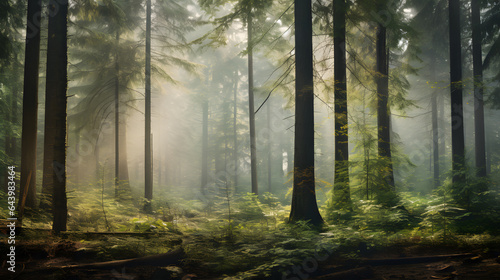 A misty morning in the woods is a dreamy sight to behold. The detailed photography captures the ethereal fog  the towering trees  and the earthy aromas  providing a serene.