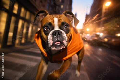 Medium shot portrait photography of a curious boxer dog chasing birds wearing a halloween costume against a glittering city nightlife. With generative AI technology