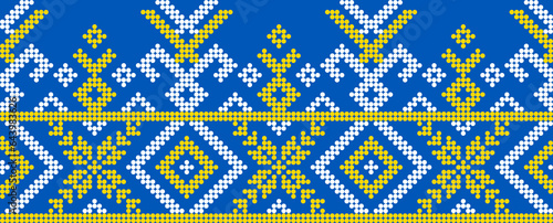 Vector illustration of Ukrainian ornament in ethnic style, identity, vyshyvanka, embroidery for print clothes, websites, banners. Background. Geometric design, border, copy space, frame