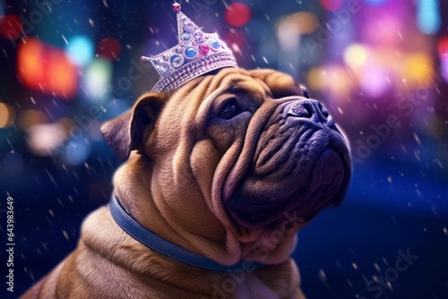 Photography in the style of pensive portraiture of a happy chinese shar pei dog bringing the leash wearing a princess crown against a glittering city nightlife. With generative AI technology photo