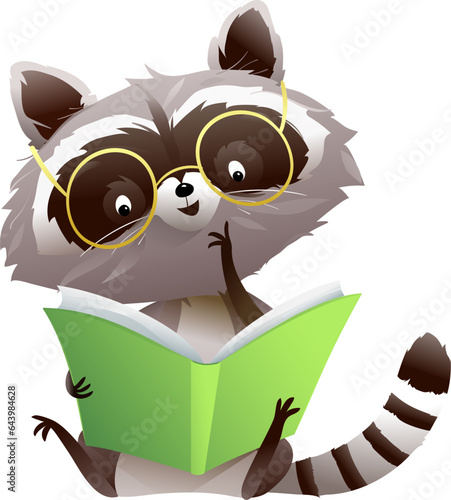 Cute baby raccoon wearing glasses reading a book, character design for children. Education, school and library colorful illustration for kids. Vector animal character cartoon in watercolor style.