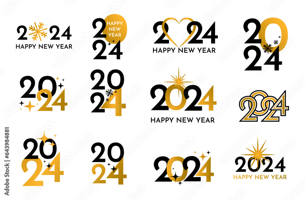 Naklejka premium Set of 2024 logos and compositions with star frames for happy new year, golden lettering