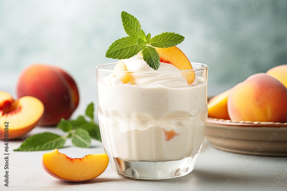 fresh tasty yogurt in glass with peach fruit fresh tasty yogurt in glass with peach fruit