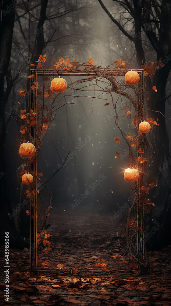 Obraz premium vertical narrow frame of glowing lamps outside in the atmosphere of autumn mood and Halloween, greeting form