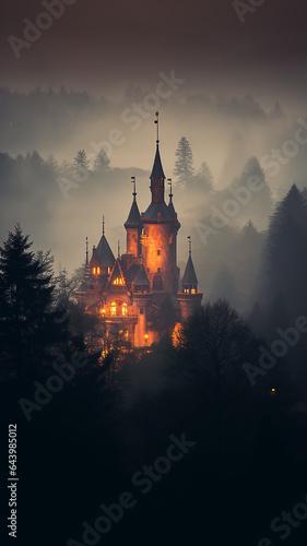vertical frame, view of the ancient European medieval castle of the princess from the fairy tale in the mountains in the forest and fog landscape