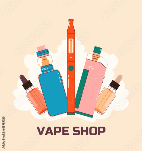 Vape colorful flat illustration logo for your design. Electronic cigarettes and vape concept. Modern vector illustration. Design of vape pens and pod mods. Flat vector design for web.