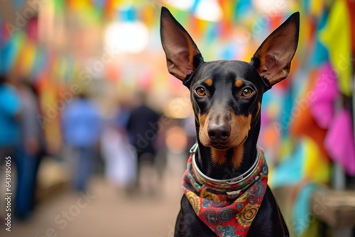 Lifestyle portrait photography of a cute doberman pinscher drinking water wearing a polka dot bandana against a vibrant festival crowd. With generative AI technology