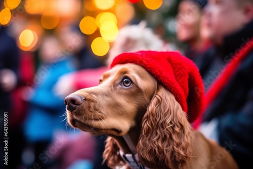 Studio portrait photography of a curious cocker spaniel marking territory wearing a christmas hat against a vibrant festival crowd. With generative AI technology