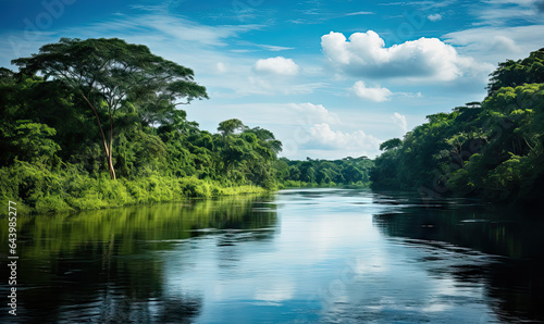 Lush rainforest and rivers in summer, rainforest covered by green trees, beautiful tropical vista landscape, similar to Amazon rainforest, Congo, Southeast Asia, and other regions.