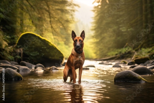 Lifestyle portrait photography of a funny belgian malinois dog circling before laying down wearing a shark fin against a tranquil forest stream. With generative AI technology photo