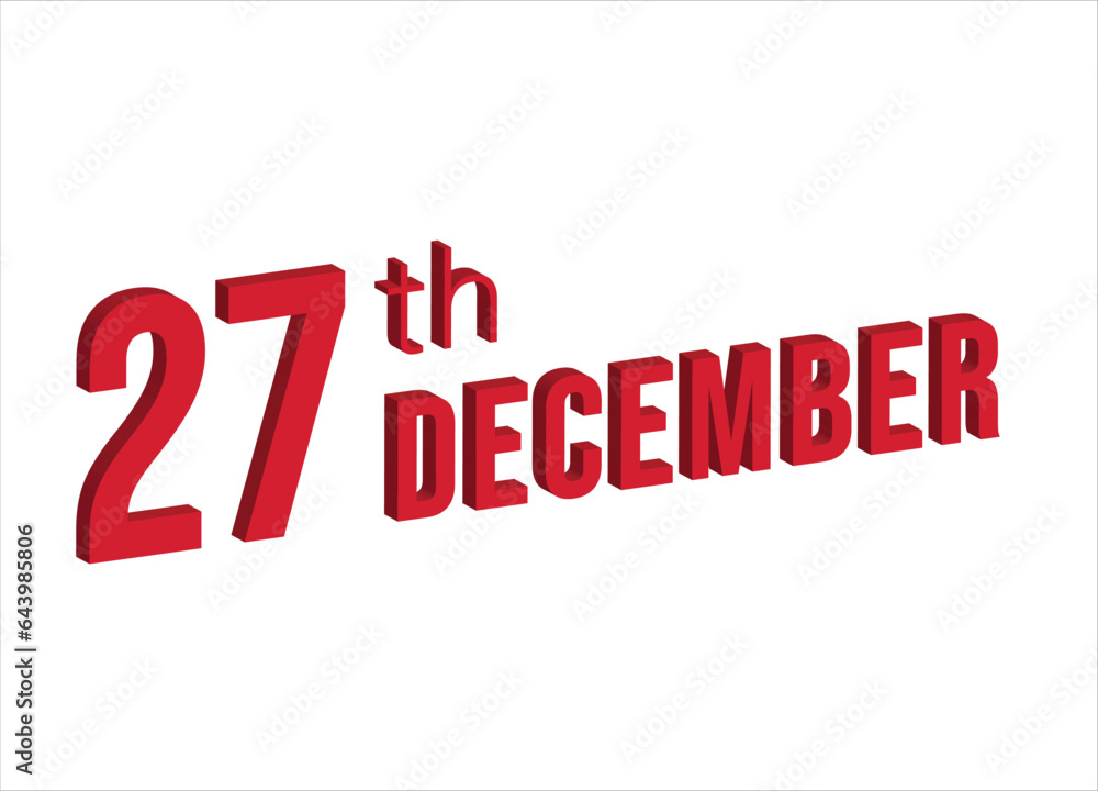 27th December ,  Daily calendar time and date schedule symbol. Modern design, 3d rendering. White background. 