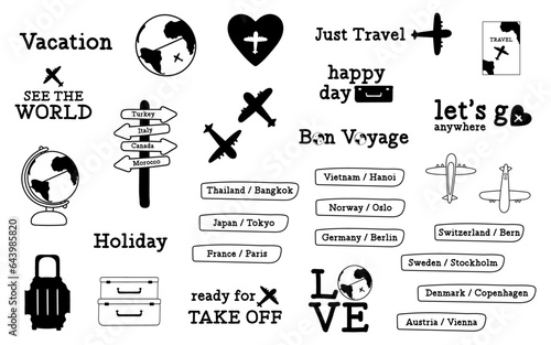 Set of  weekly, daily planner stickers or travel stickers template decorated. Bullet journal stickers, planner, scrapbook stickers design.