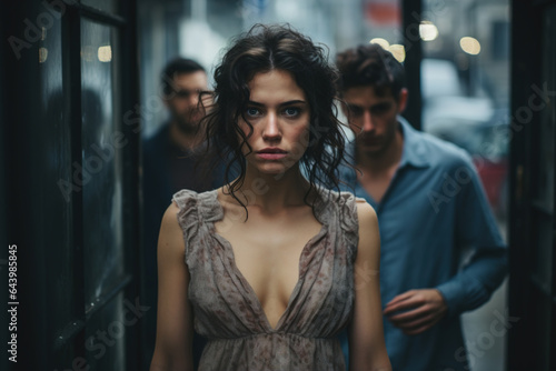 Lonely frightened uncomfortable woman on street and lustful drunk men behind. Lust, violence, harassment, abuse concept photo