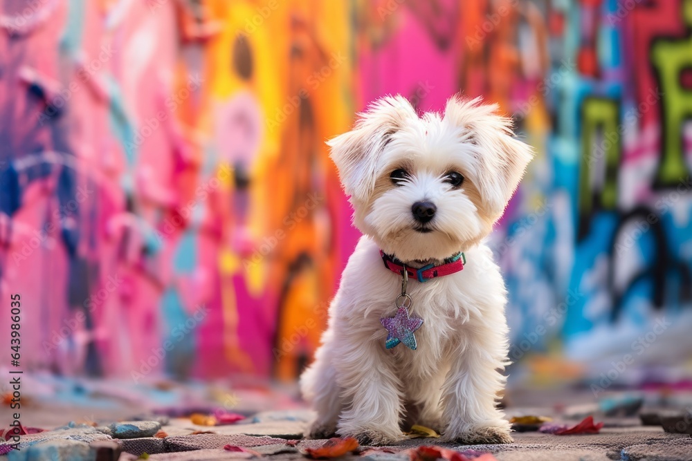 Naklejka premium Photography in the style of pensive portraiture of a cute maltese licking lips wearing a harness against a vibrant graffiti wall. With generative AI technology