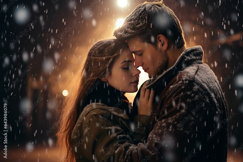 Young woman and man in love during snowfall. AI generated