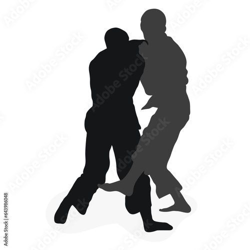 Image silhouette judoka. Judo, martial art, sportsmanship, wrestling, duel, grappling, combating, fighting, struggle