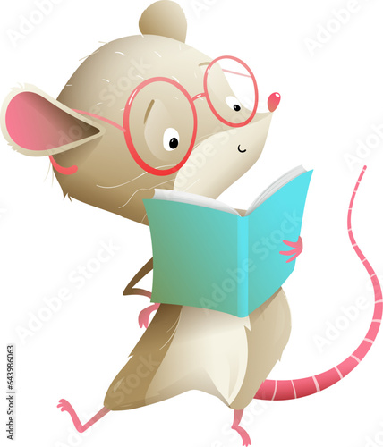 Cute baby mouse wearing glasses reading a book, young reader character design for children. Education, school and library illustration for kids. Vector animal character cartoon in watercolor style.