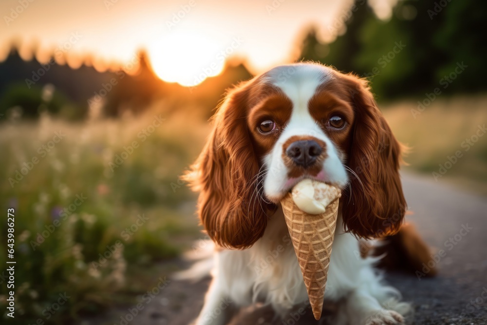 Close-up portrait photography of a funny cavalier king charles spaniel dog licking an ice cream cone wearing an anxiety wrap against a backdrop of an idyllic countryside. With generative AI technology Close-up portrait photography of a funny cavalier king charles spaniel dog licking an ice cream cone wearing an anxiety wrap against a backdrop of an idyllic countryside. With generative AI technology