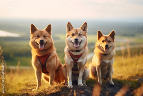 Group portrait photography of a funny finnish spitz chewing bones wearing a harness against a backdrop of an idyllic countryside. With generative AI technology