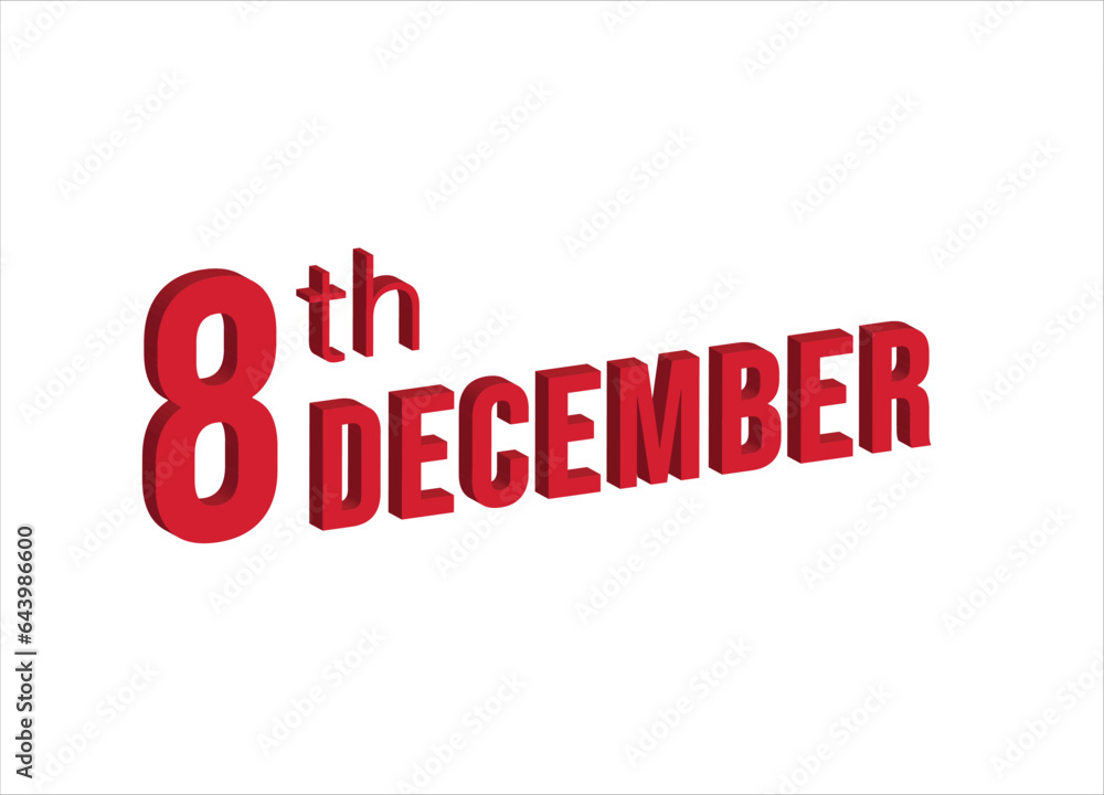 8th December , Daily calendar time and date schedule symbol. Modern design, 3d rendering. White background. 8th December , Daily calendar time and date schedule symbol. Modern design, 3d rendering. White background.