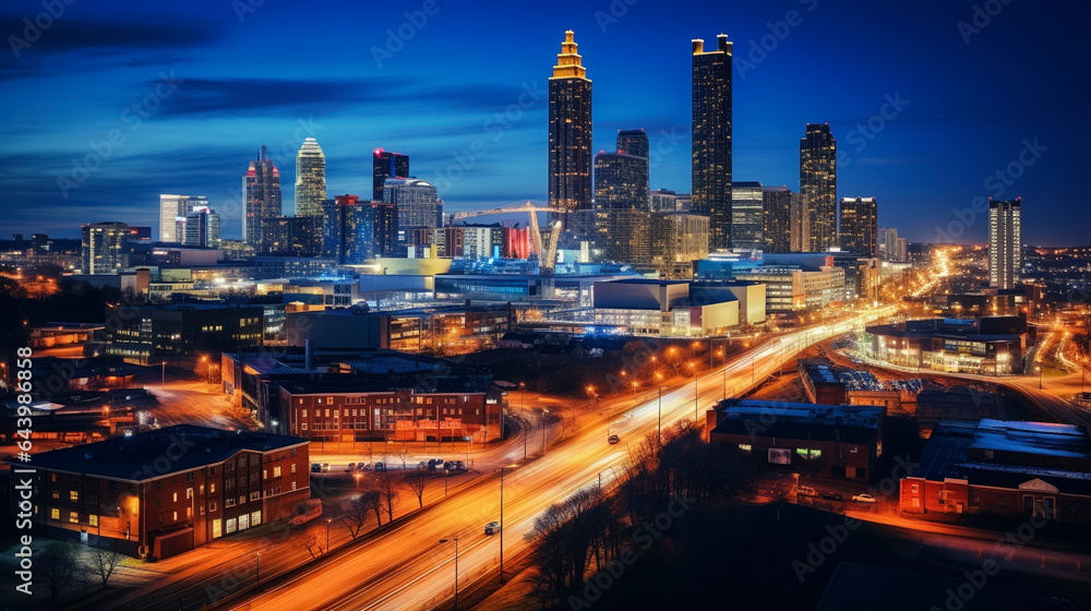 Fototapeta premium Drone photo taken at night of Atlanta Georgia cityscape with blurred traffic.