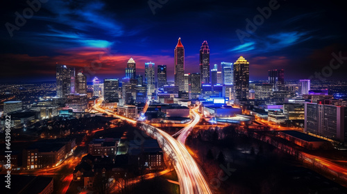 Drone photo taken at night of Atlanta Georgia cityscape with blurred traffic.