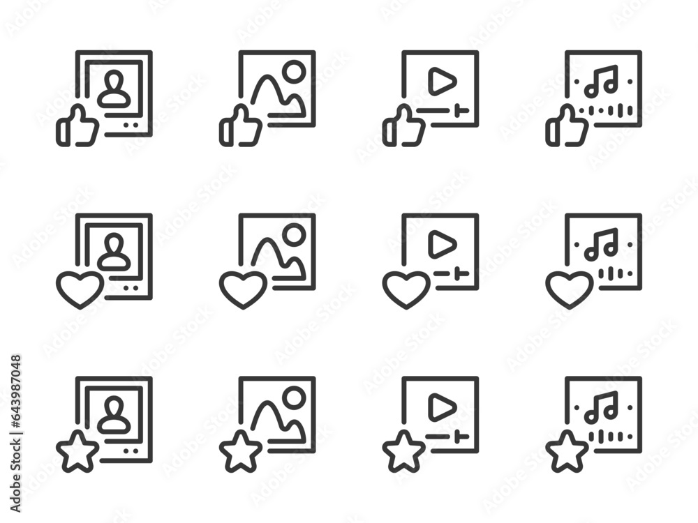 Favorite content and Liked Publication vector line icons. Best Photo, Image, Video and Music outline icon set. Rate, Content, Favorite, Feedback, Thumbs Up, Rating and more. Favorite content and Liked Publication vector line icons. Best Photo, Image, Video and Music outline icon set. Rate, Content, Favorite, Feedback, Thumbs Up, Rating and more.